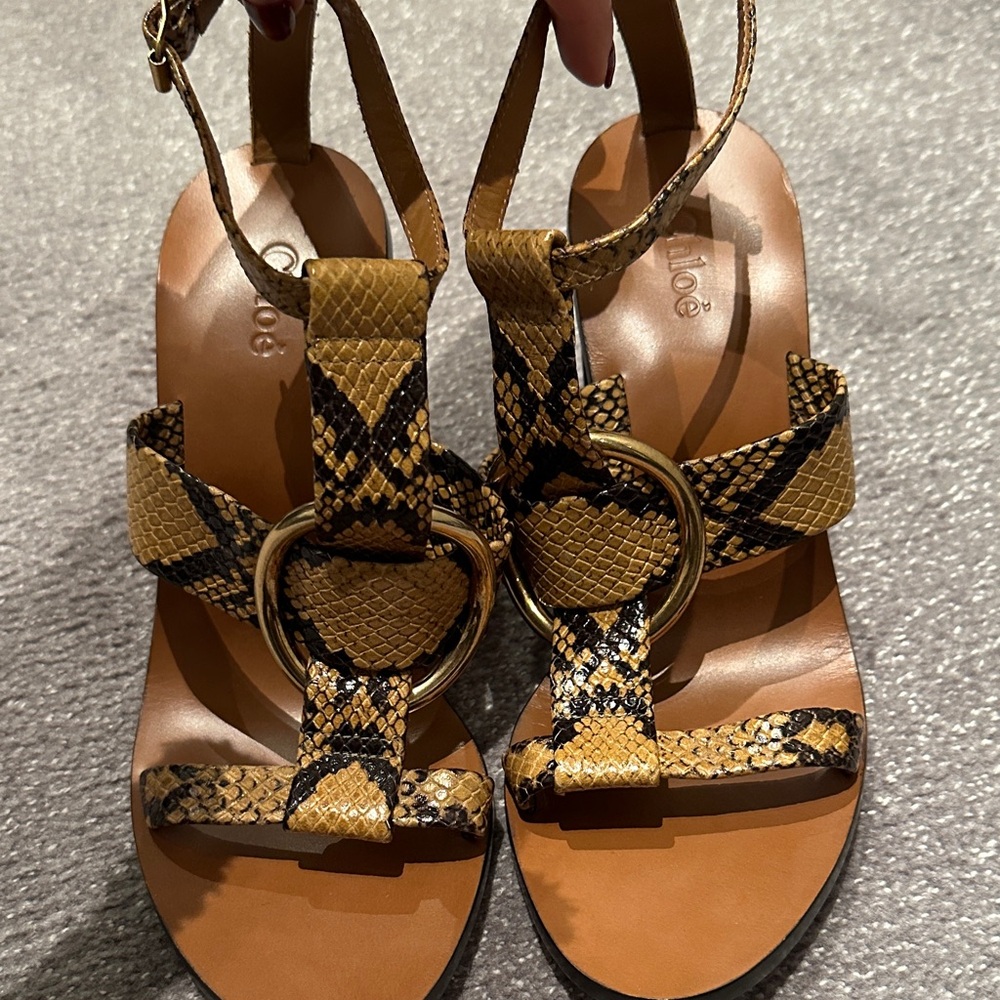 Chloe Circle Tan and Black Snake Print Sandals